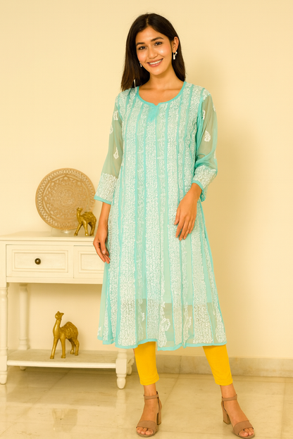Lucknowi Chikankari Green 'Bahar' Georgette Anarkali-K000028