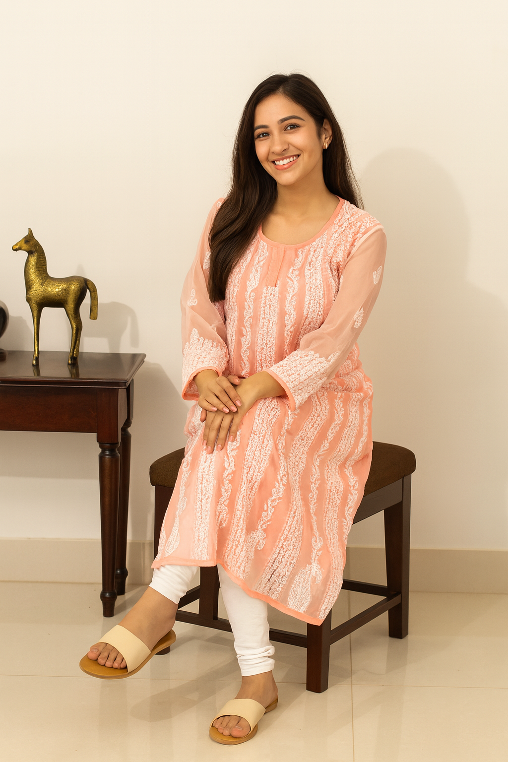 Lucknowi Chikankari Peach 'Aarooi' Georgette Anarkali-K000029