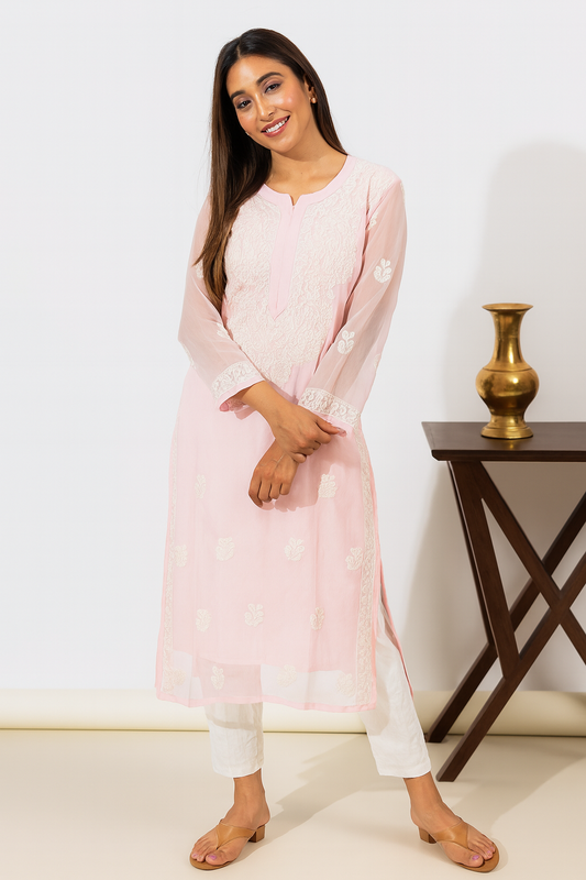 Lucknowi Chikankari Pink 'Shagufta' Georgette Kurti-K000047