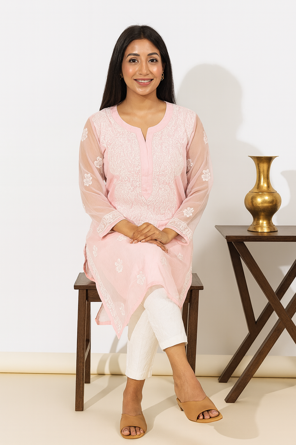 Lucknowi Chikankari Pink 'Shagufta' Georgette Kurti-K000047