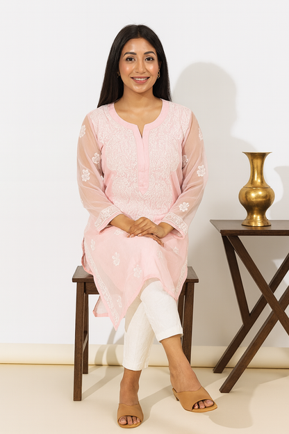 Lucknowi Chikankari Pink 'Shagufta' Georgette Kurti-K000047