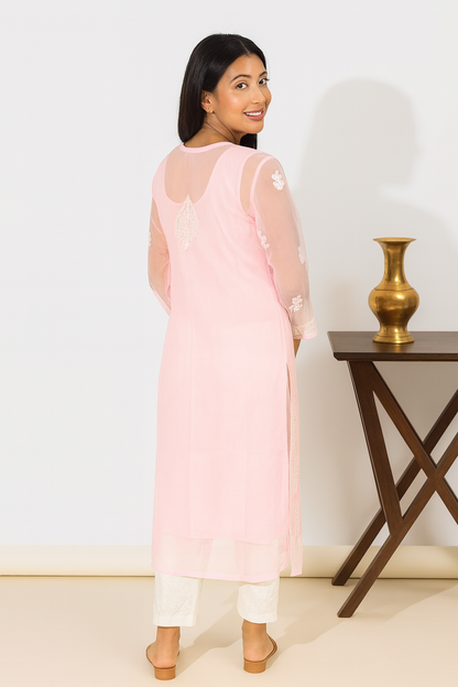 Lucknowi Chikankari Pink 'Shagufta' Georgette Kurti-K000047