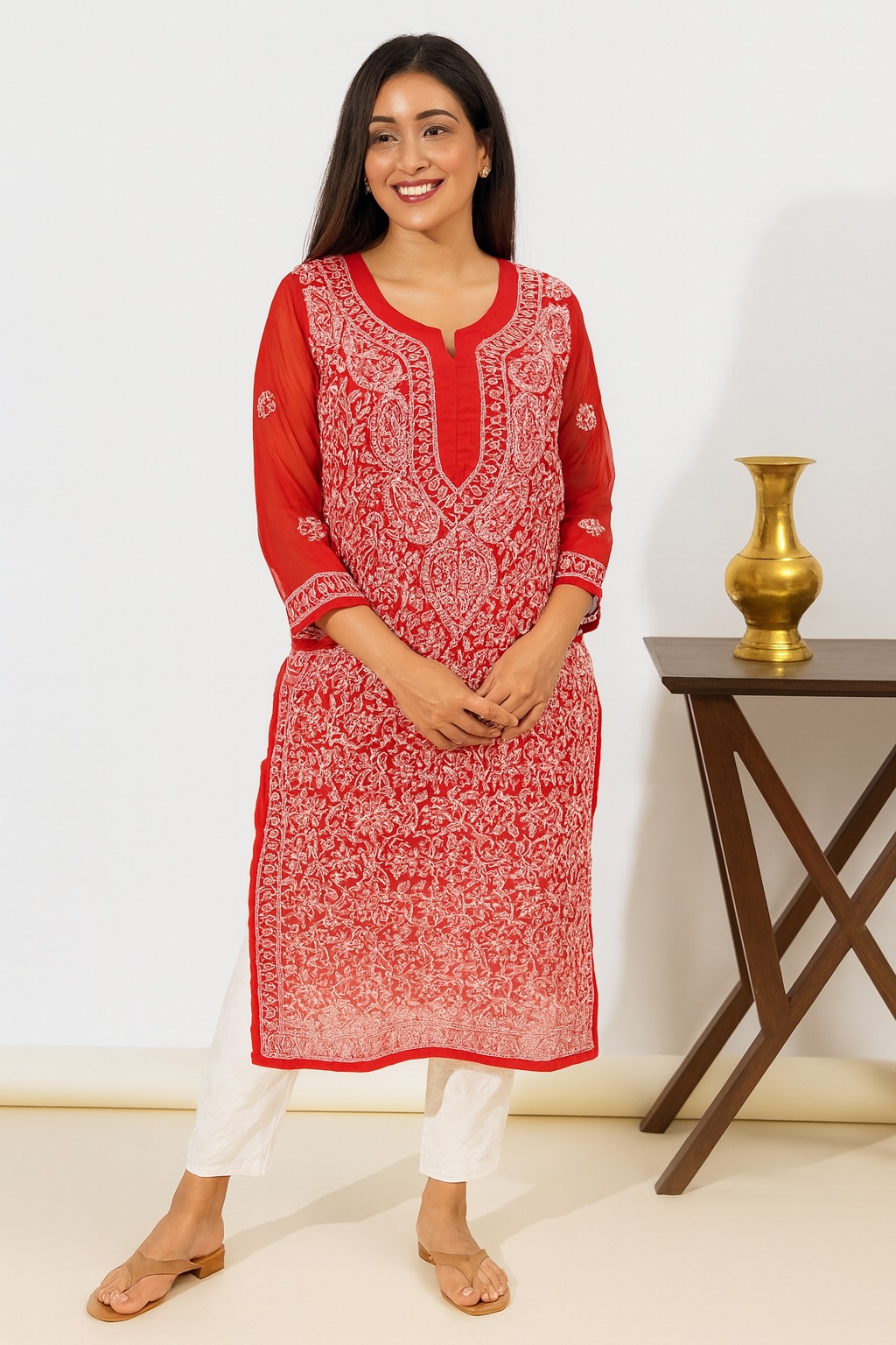 Lucknowi Chikankari Red 'Surkh' Georgette Kurti-K000048
