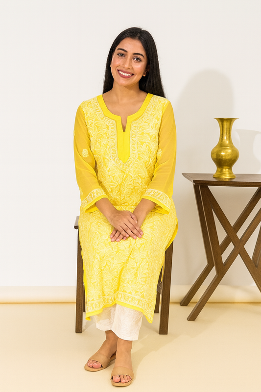 Lucknowi Chikankari Yellow 'Sunehri' Georgette Kurti-K000051