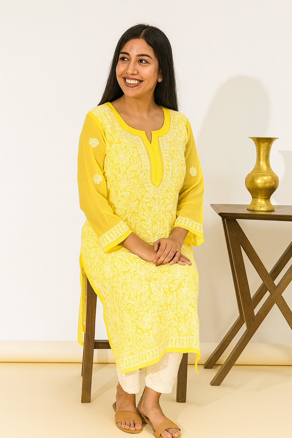 Lucknowi Chikankari Yellow 'Sunehri' Georgette Kurti-K000051