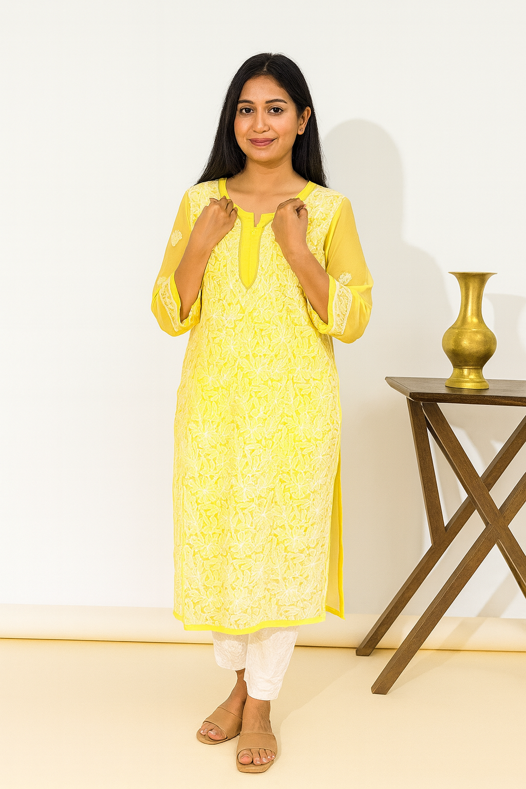 Lucknowi Chikankari Yellow 'Sunehri' Georgette Kurti-K000051