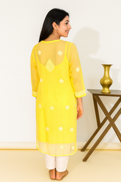Lucknowi Chikankari Yellow 'Sunehri' Georgette Kurti-K000051