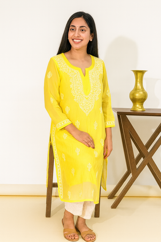 Lucknowi Chikankari Yellow 'Sunehri' Georgette Kurti-K000052