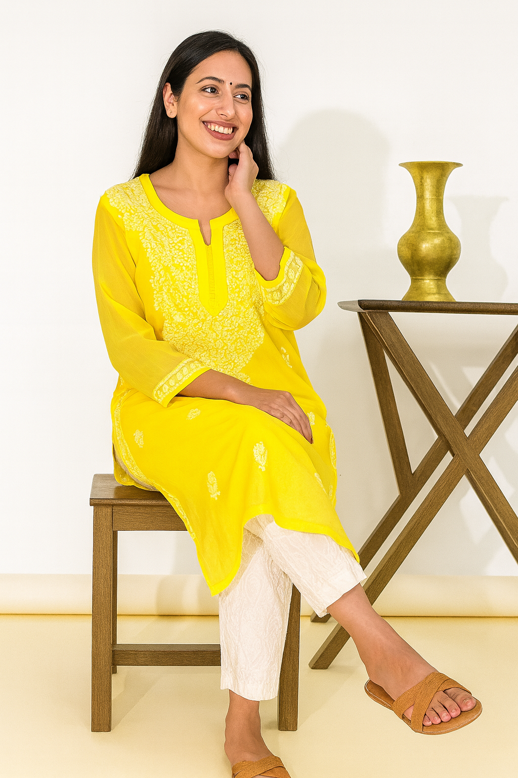 Lucknowi Chikankari Yellow 'Sunehri' Georgette Kurti-K000052