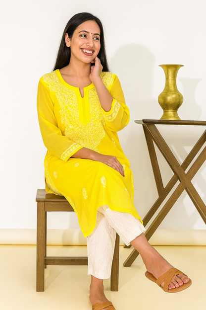 Lucknowi Chikankari Yellow 'Sunehri' Georgette Kurti-K000052