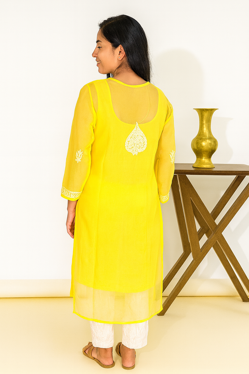 Lucknowi Chikankari Yellow 'Sunehri' Georgette Kurti-K000052