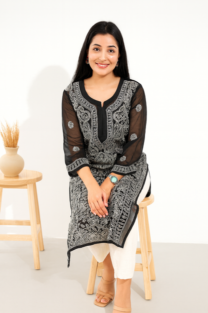 Lucknowi Chikankari Black 'Siah' Georgette Kurti-K000053