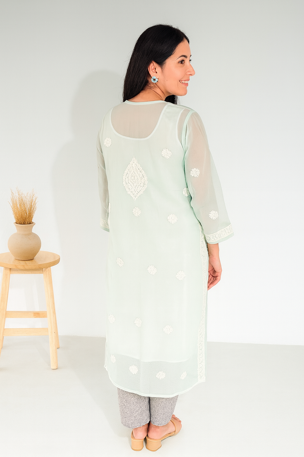 Lucknowi Chikankari Green 'Bahar' Georgette Kurti-K000056