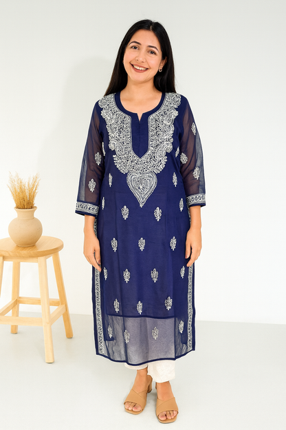 Lucknowi Chikankari Navy Blue 'Aab-e-Asmaan' Georgette Kurti-K000060
