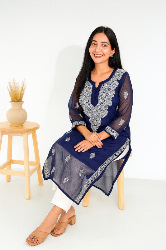 Lucknowi Chikankari Navy Blue 'Aab-e-Asmaan' Georgette Kurti-K000060