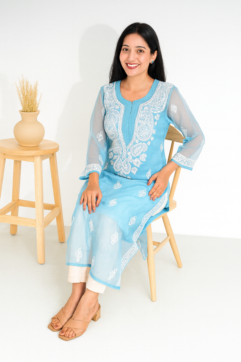 Lucknowi Chikankari Blue 'Aan-e-Asmaan' Georgette Kurti-K000061