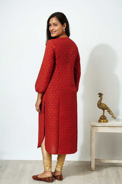 Lucknowi Chikankari Maroon 'Surkh' Chanderi Kurti-K000037