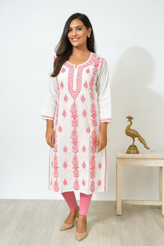 Lucknowi Chikankari White 'Ujaala' Cotton Kurti-K000038
