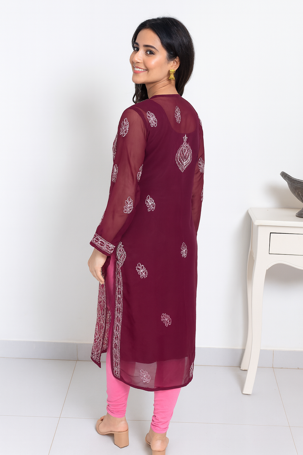 Lucknowi Chikankari Wine 'Jamuni' Georgette Kurti-K000039