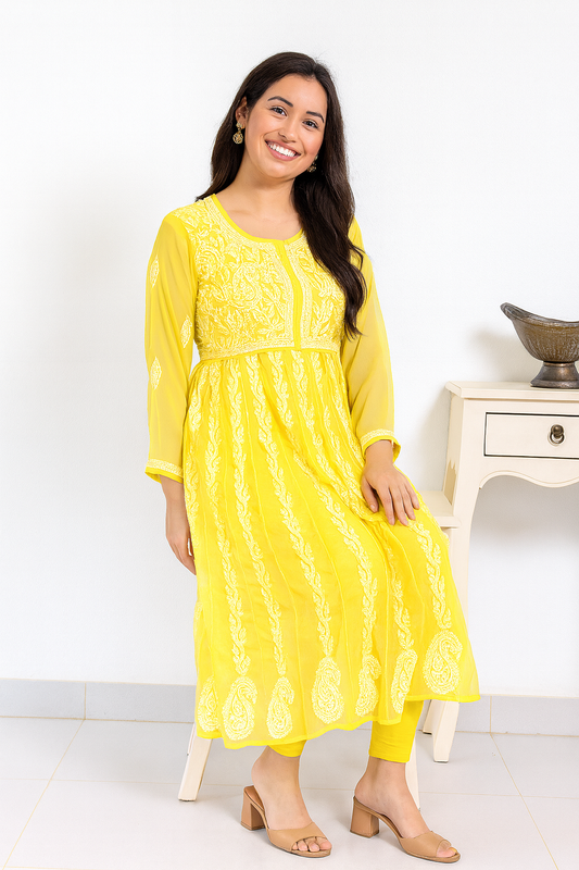 Lucknowi Chikankari Yellow 'Sunehri' Georgette Anarkali-K000042