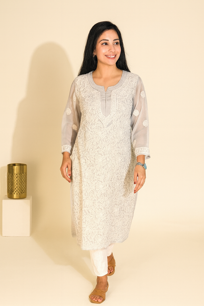Lucknowi Chikankari Grey 'Dhoondhla' Georgette Kurti-K000045