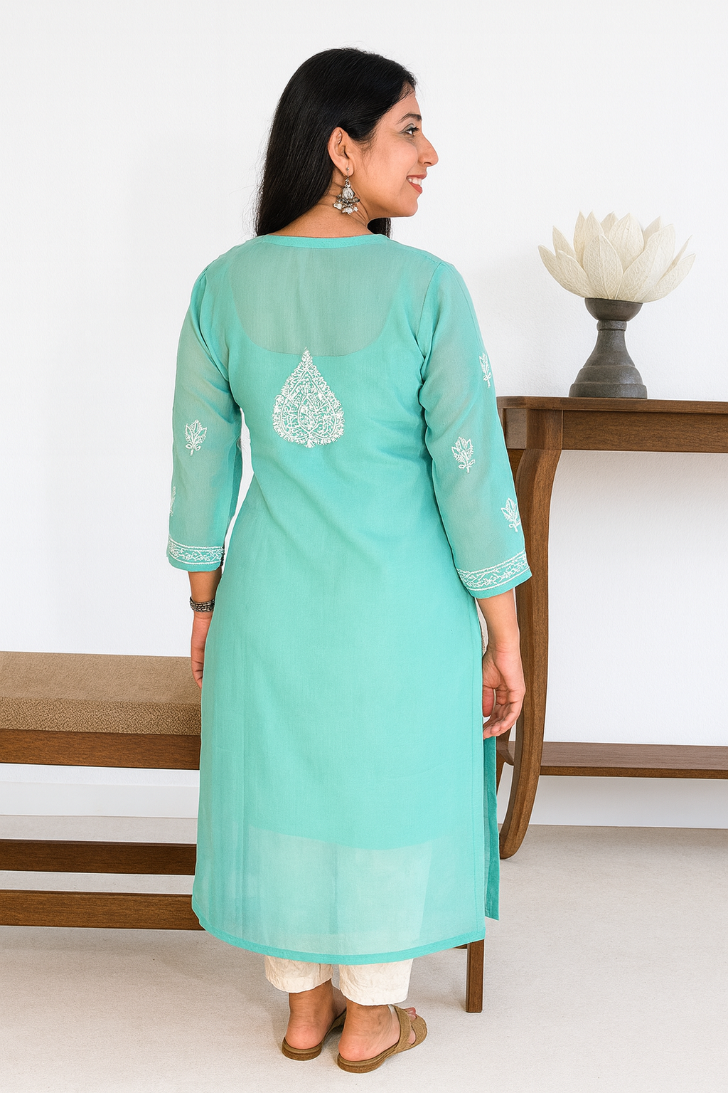 Lucknowi Chikankari Green 'Bahar' Georgette Kurti-K000065