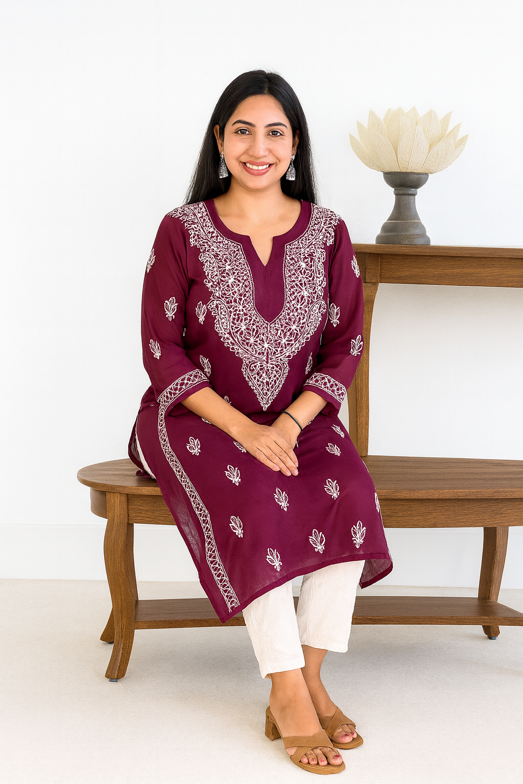 Lucknowi Chikankari Wine 'Jamuni' Georgette Kurti-K000066
