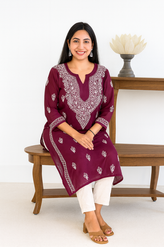 Lucknowi Chikankari Wine 'Jamuni' Georgette Kurti-K000066