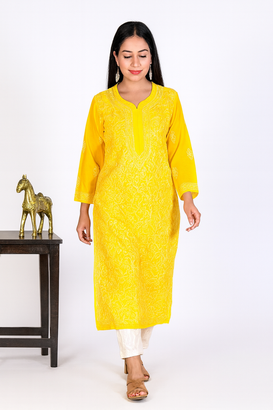 Lucknowi Chikankari Yellow 'Sunehri' Georgette Kurti-K000067