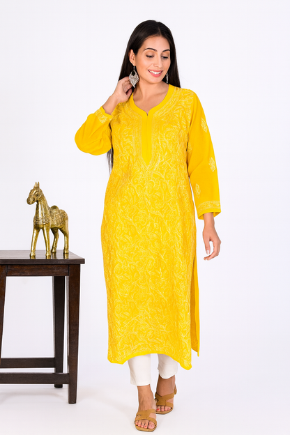 Lucknowi Chikankari Yellow 'Sunehri' Georgette Kurti-K000067