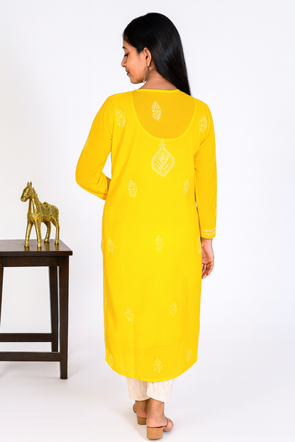 Lucknowi Chikankari Yellow 'Sunehri' Georgette Kurti-K000067