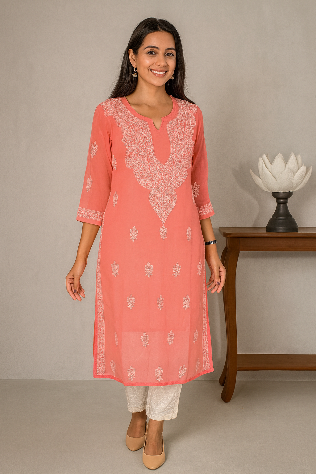 Lucknowi Chikankari Coral Pink 'Shagufta' Georgette Kurti-K000062