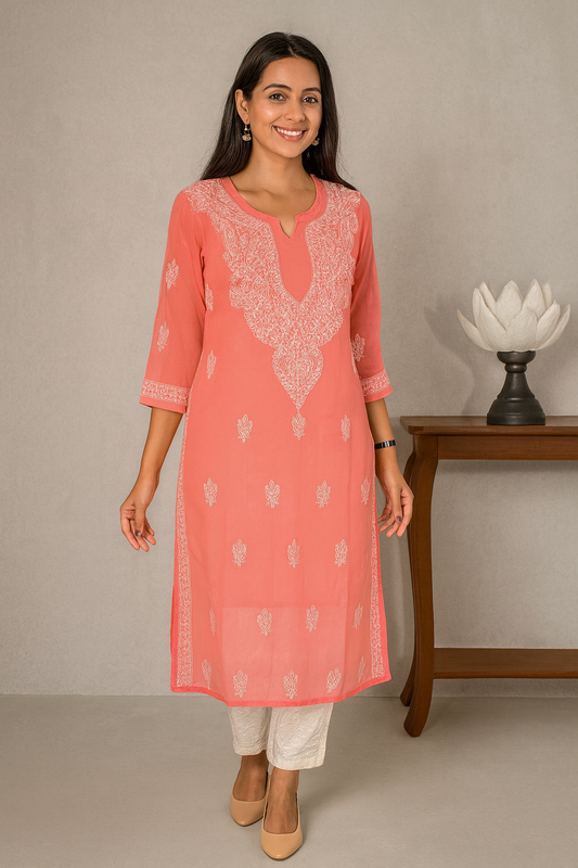 Lucknowi Chikankari Coral Pink 'Shagufta' Georgette Kurti-K000062