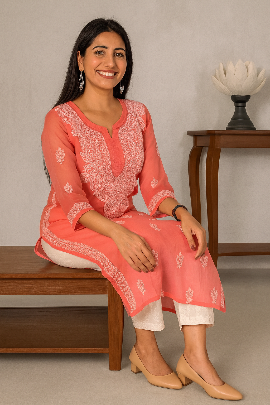 Lucknowi Chikankari Coral Pink 'Shagufta' Georgette Kurti-K000062