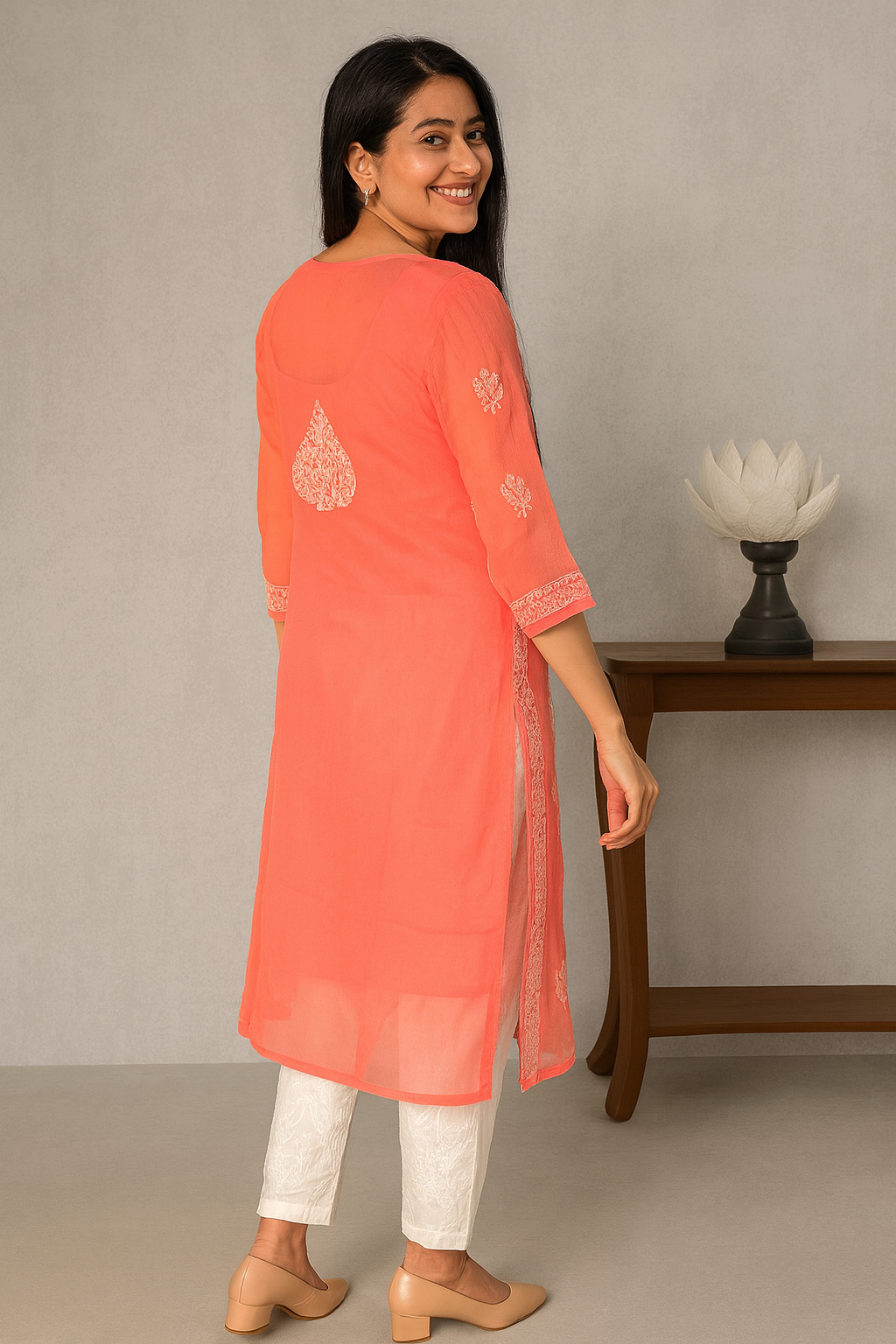 Lucknowi Chikankari Coral Pink 'Shagufta' Georgette Kurti-K000062