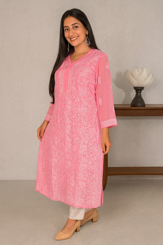 Lucknowi Chikankari Pink 'Shagufta' Georgette Kurti-K000063