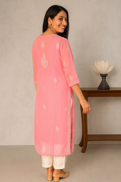 Lucknowi Chikankari Pink 'Shagufta' Georgette Kurti-K000063