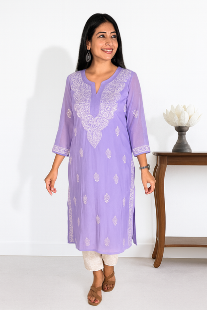 Lucknowi Chikankari Purple 'Jamuni' Georgette Kurti-K000064