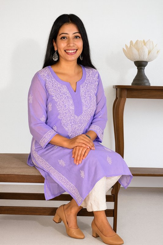 Lucknowi Chikankari Purple 'Jamuni' Georgette Kurti-K000064