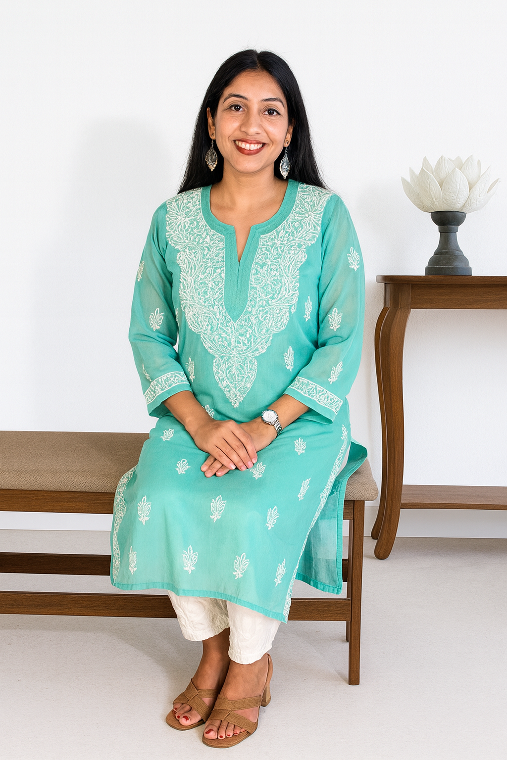 Lucknowi Chikankari Green 'Bahar' Georgette Kurti-K000065