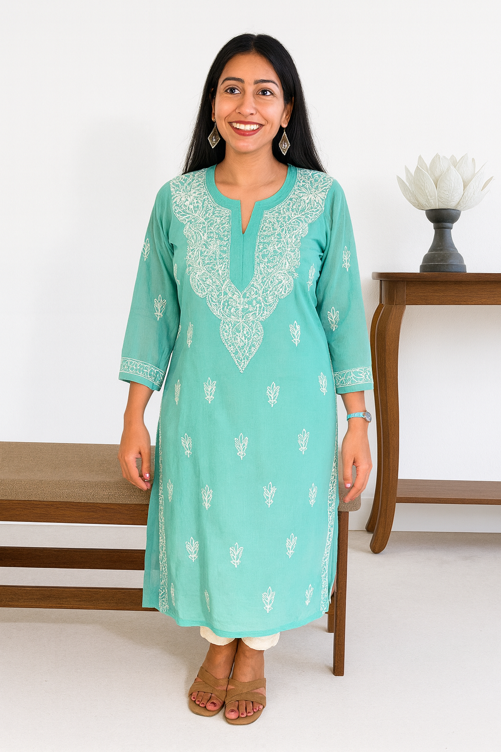 Lucknowi Chikankari Green 'Bahar' Georgette Kurti-K000065
