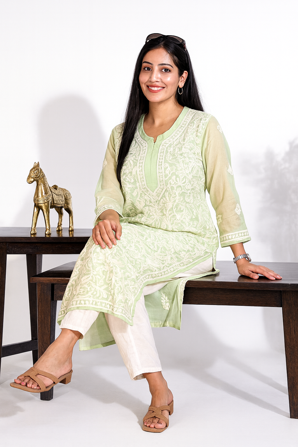 Lucknowi Chikankari Light Green 'Bahar' Georgette Kurti-K000068