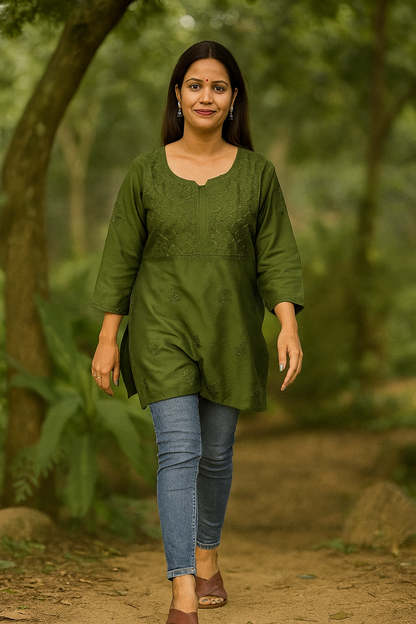 Lucknowi Chikankari Mahendi Green 'Bahar' Chanderi Short Kurti-T000001