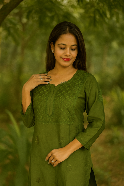 Lucknowi Chikankari Mahendi Green 'Bahar' Chanderi Short Kurti-T000001