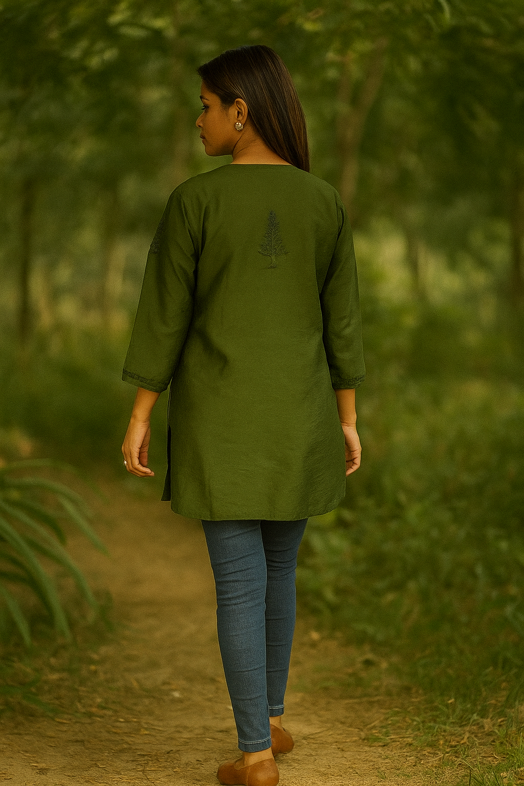 Lucknowi Chikankari Mahendi Green 'Bahar' Chanderi Short Kurti-T000001