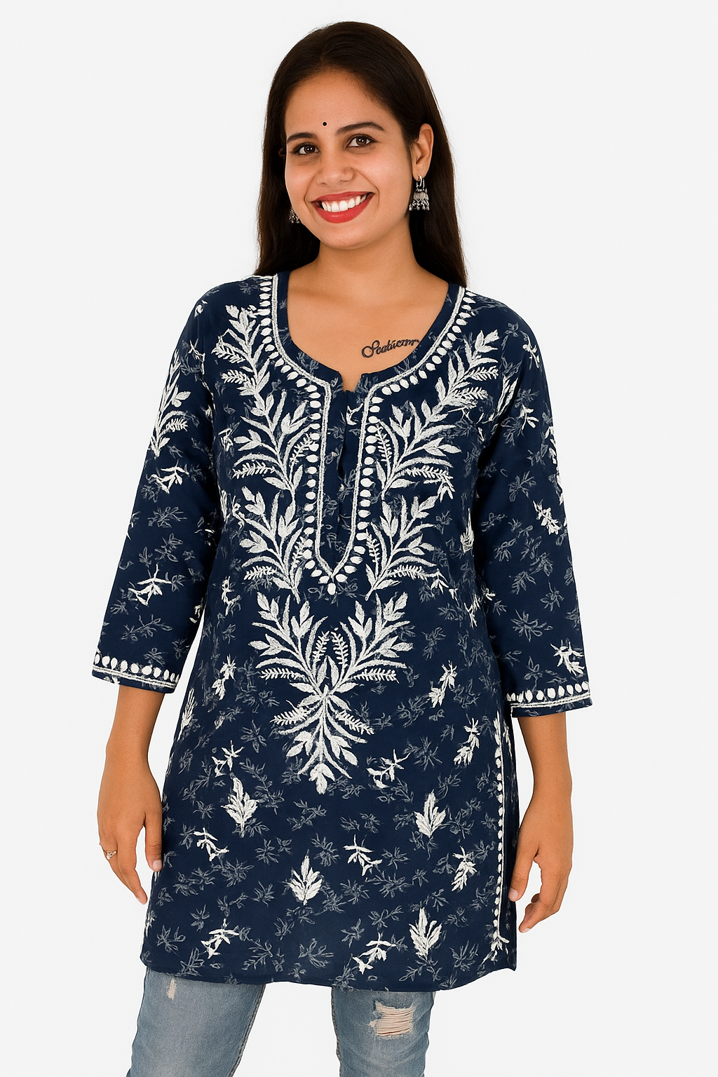 Lucknowi Chikankari Navy Blue 'Aab-e-Asmaan' Printed Rayon Short Kurti-T000002
