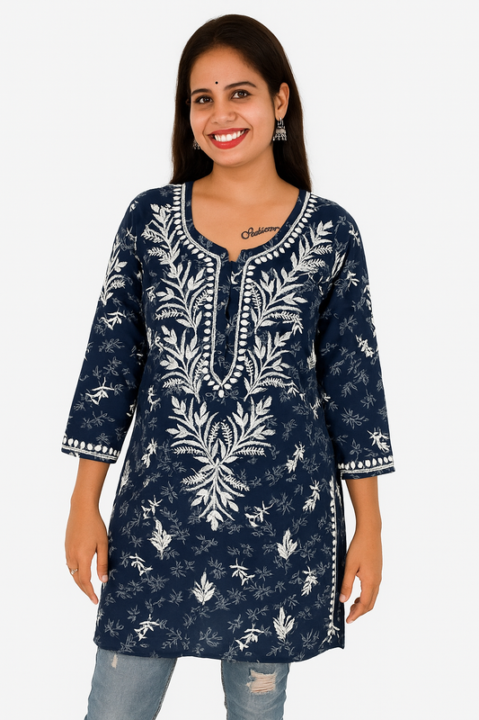 Lucknowi Chikankari Navy Blue 'Aab-e-Asmaan' Printed Rayon Short Kurti-T000002