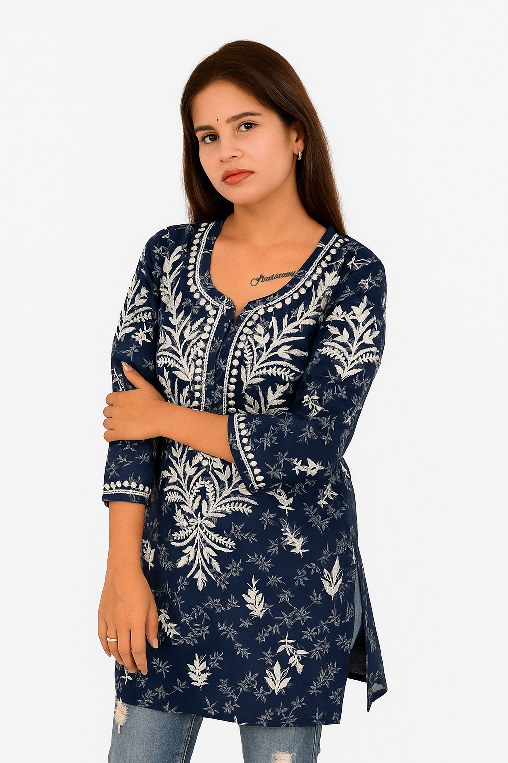 Lucknowi Chikankari Navy Blue 'Aab-e-Asmaan' Printed Rayon Short Kurti-T000002