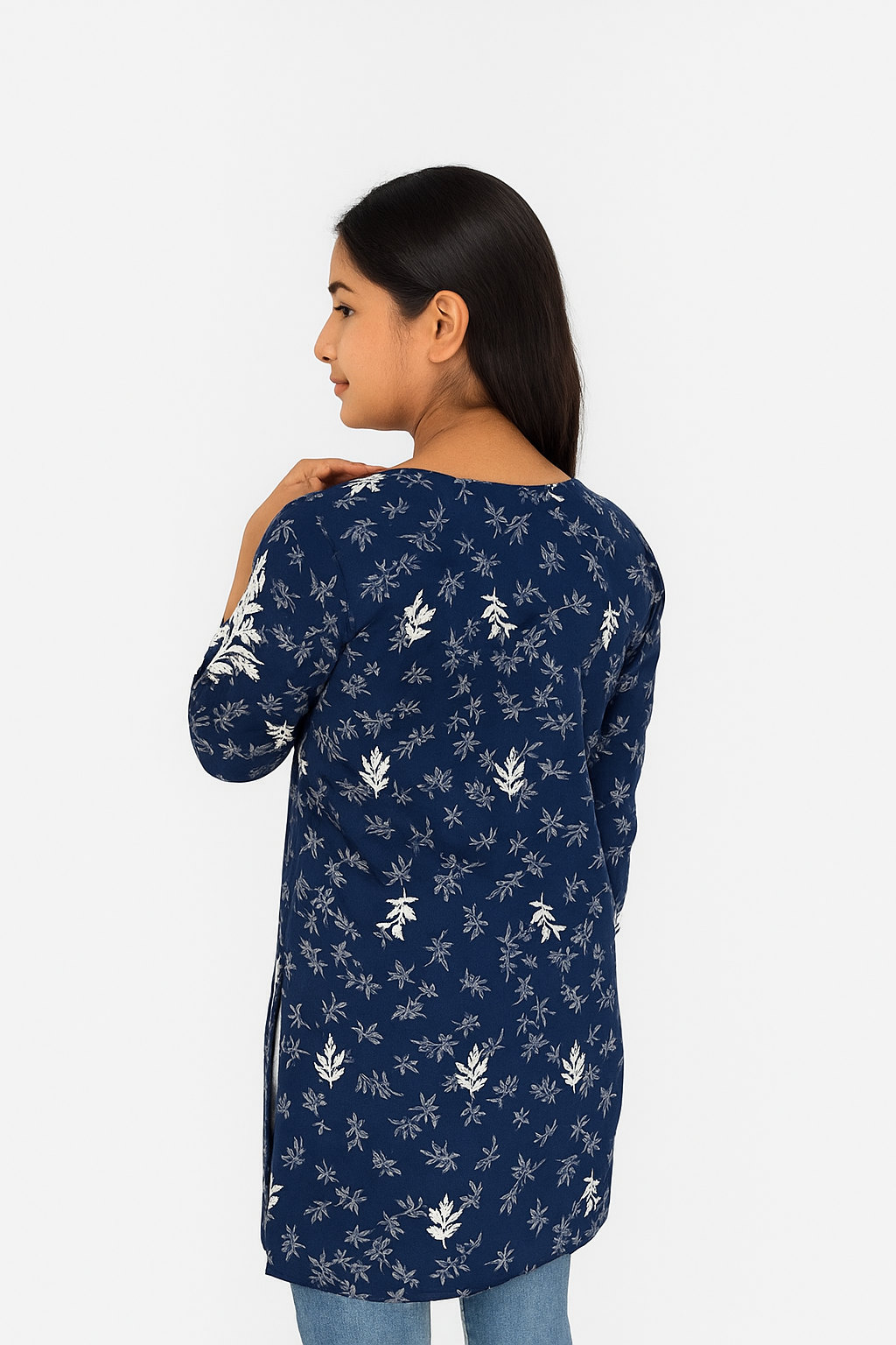 Lucknowi Chikankari Navy Blue 'Aab-e-Asmaan' Printed Rayon Short Kurti-T000002