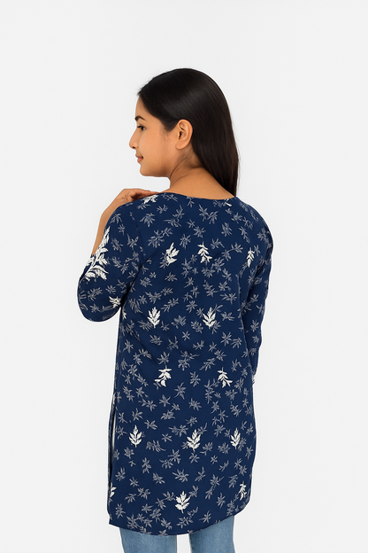 Lucknowi Chikankari Navy Blue 'Aab-e-Asmaan' Printed Rayon Short Kurti-T000002